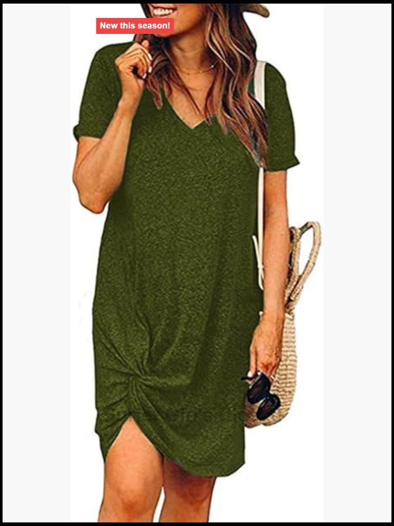 Women's Twist Knot Tshirt Dress V Neck Short Sleeve Knee-Length